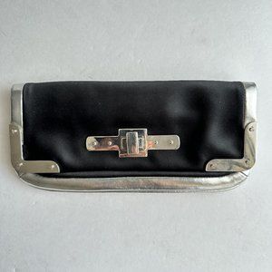 Ann Taylor Mini Satin Black Silver Purse Clutch Modern Design Evening Bag